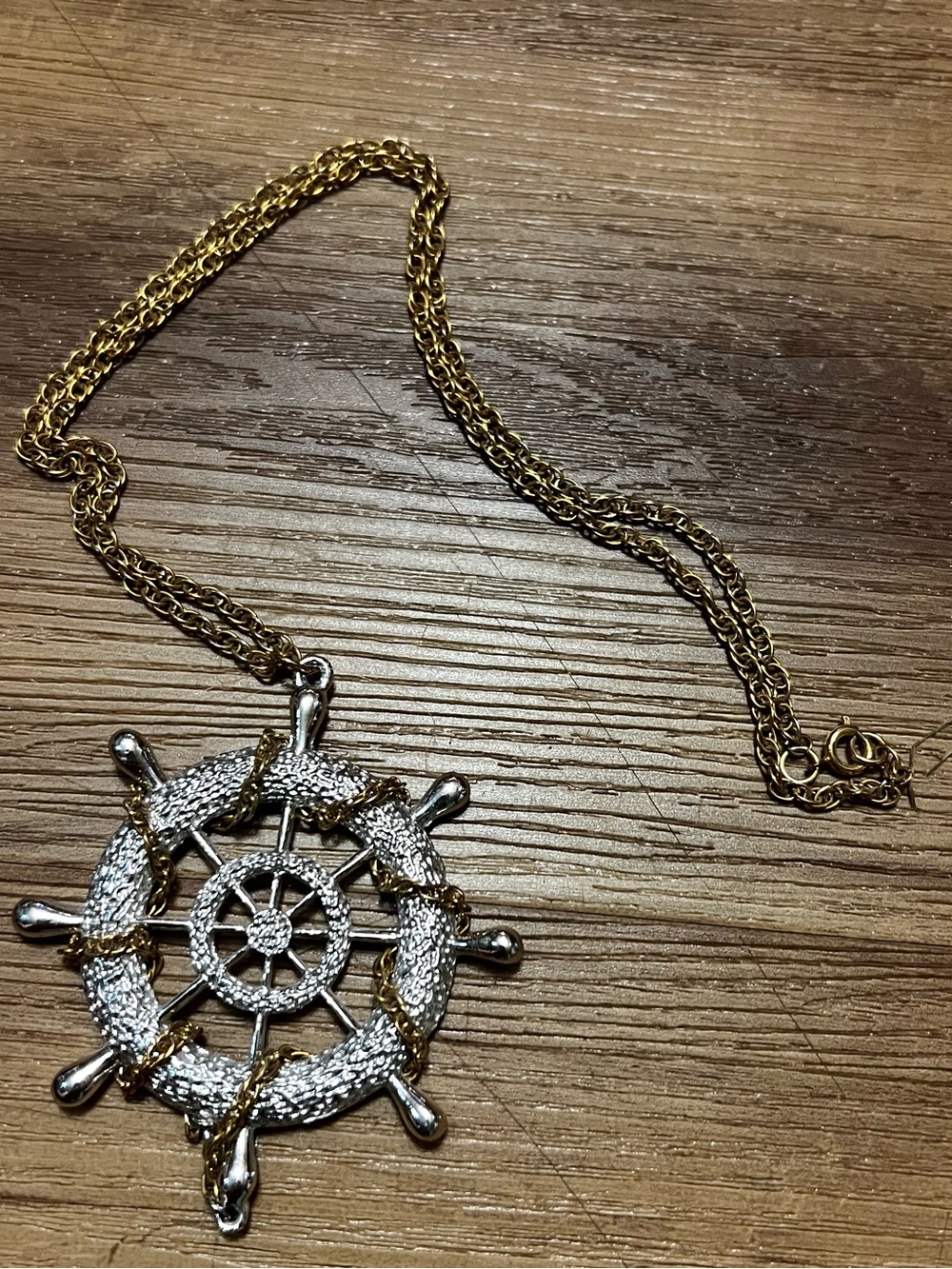 Two-Tone Nautical Wheel Pendant Necklace in Gold and Silver vintage